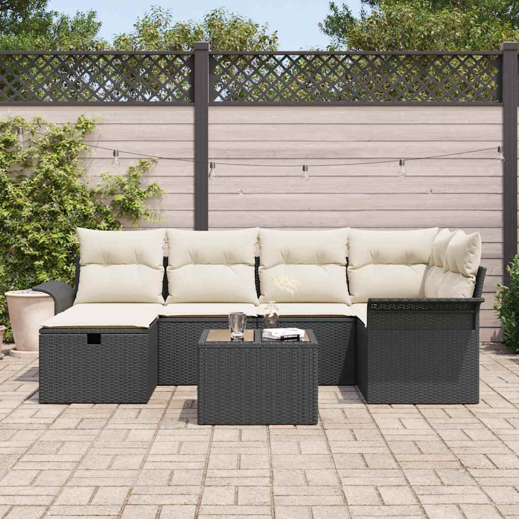 Garten-Sofa-Set mit Kissen 7 pcs Schwarz Poly Rattan